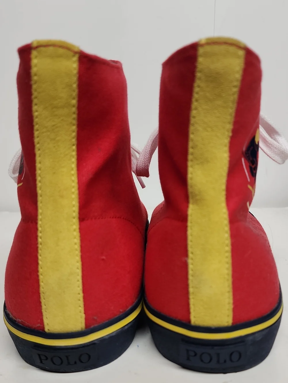 Polo by Ralph Lauren Red Solomon Sz 10.5 High-Top Sneakers with Navy Yellow Trim